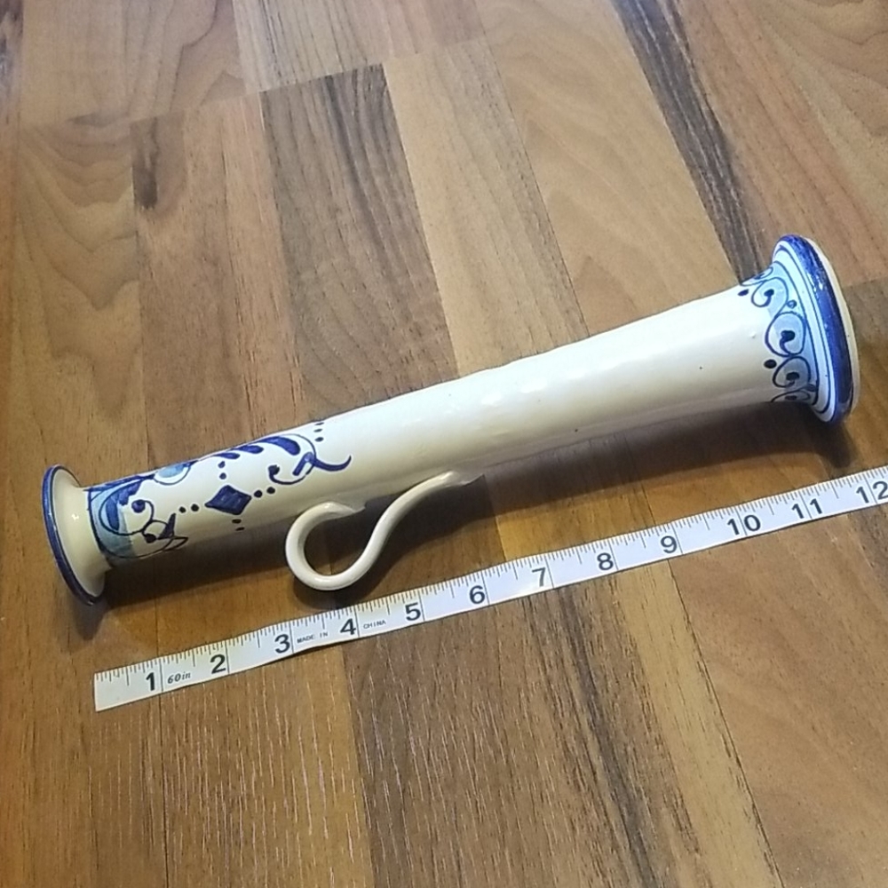 Vintage Tall Italian Pottery Blue & Cream Floral Chamberstick Candle Holder - Picture 10 of 11